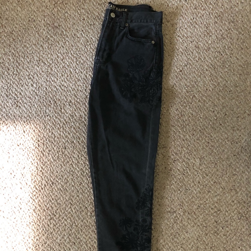 American Eagle Black Embroidered Mom Jeans